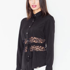 Czarna Koszulowa Bluzka z Koronkowym Panelem