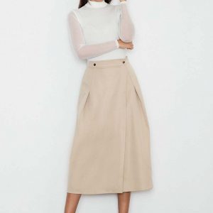 Beżowa Spódnica Trapezowa Midi z Kieszeniami
