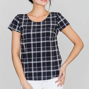 Czarna Bluzka w Kratę z Krótkim Rękawem