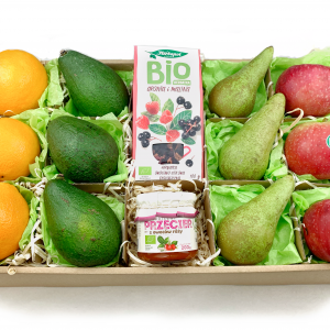 Owocowy prezent 101 – pomarańcze awokado gruszki jabłka herbata przecier z róży