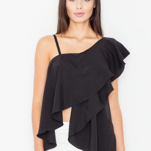 Czarna Bluzka na Jedno Ramię z Asymetryczną Falbanką
