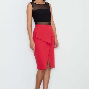 Czerwona Spódnica Ołówkowa Midi z Kopertowym Założeniem