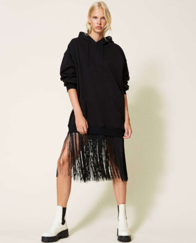 TWINSET – Czarna sukienka midi z frędzlami