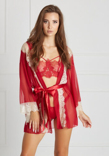 Czerwony prześwitujący peniuar z koronką // Christine – Uniwersalny, Czerwony