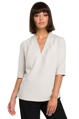 Beżowa Prosta Gładka Bluzka z Dekoltem V