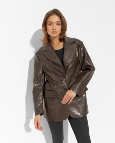 LOVE & ROSE – Oversizowa brązowa marynarka z efektem skóry krokodyla