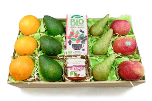 Owocowy prezent 101 – pomarańcze awokado gruszki jabłka herbata przecier z róży